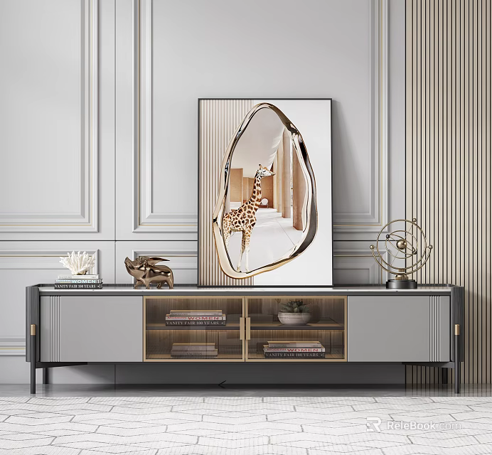 Modern Elegant TV Stand With Open Shelves Decorative Sculpture Metal Decor And Mirror 3d model 
