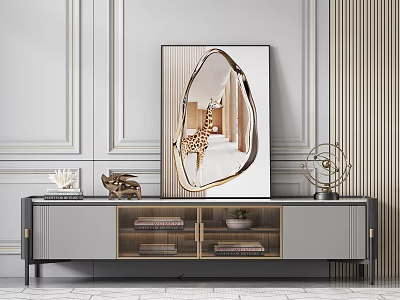 Modern Elegant TV Stand With Open Shelves Decorative Sculpture Metal Decor And Mirror 3d model