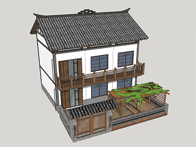 Traditional Chinese Style House Two Story Building with Tile Roof Wooden Balcony and Courtyard Pergola 3d model