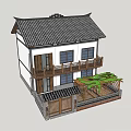 Traditional Chinese Style House Two Story Building with Tile Roof Wooden Balcony and Courtyard Pergola