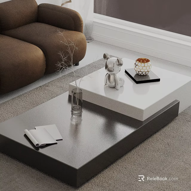 Modern Brown Sofa And Black White Coffee Table With Decorative Vase Bear Figurine 3d model 