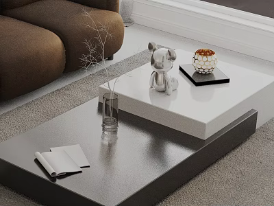 Modern Brown Sofa And Black White Coffee Table With Decorative Vase Bear Figurine 3d model