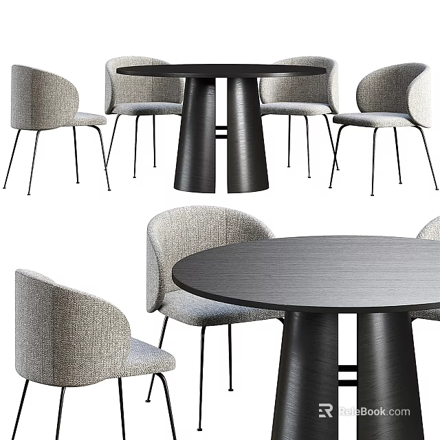 Round Wooden Dining Table Set with Light Gray Upholstered Chairs and Black Metal Legs 3d model 