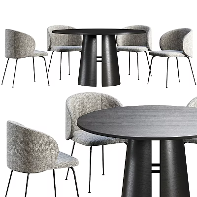 Round Wooden Dining Table Set with Light Gray Upholstered Chairs and Black Metal Legs 3d model