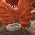 Unique Rock Cave Bedroom With Red Walls Illuminated Lines Moon Decoration Cacti And Bathtub