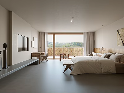 Minimalist Hotel Room Interior With Large Bed TV Desk And Floor to Ceiling Windows 3d model