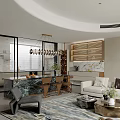 Modern Living Dining Area With Floor to Ceiling Windows City View Sofa and Accent Chair