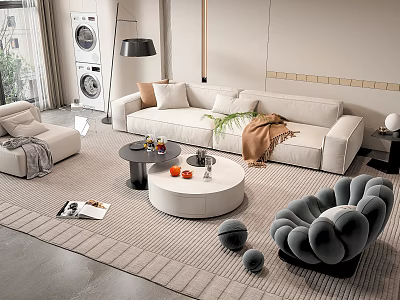 Modern White Sofa And Coffee Table Set With Round Tables Pillows Throw Blanket And Rug 3d model