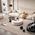 Modern White Sofa And Coffee Table Set With Round Tables Pillows Throw Blanket And Rug
