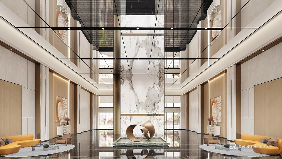 Luxurious Modern Hotel Lobby Interior With Marble Feature Wall And High Ceiling Decor 3d model 
