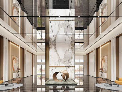 Luxurious Modern Hotel Lobby Interior With Marble Feature Wall And High Ceiling Decor 3d model
