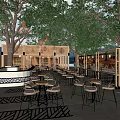 Outdoor Restaurant With Trees Wooden Structure Hanging Lights And Patterned Floor