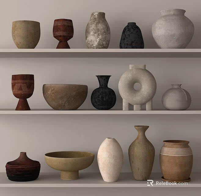 Ceramic Vessels Display On Shelves With Various Shapes And Colors 3d model