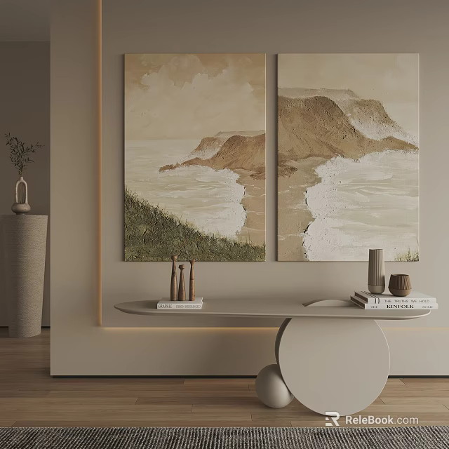Modern Interior Wall Decor With Two Landscape Paintings And Table Decorations 3d model