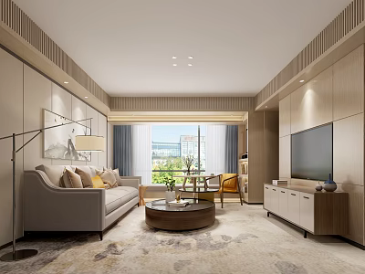Modern Hotel Guest Room Interior With Sofa Round Coffee Table TV Floor Lamp And Area Rug 3d model