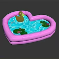 Heart Shaped Pink Inflatable Pool With Gray Rubber Duck Green Lily Pads And Blue Water