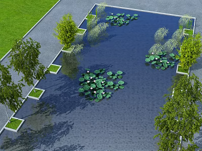 Tranquil Water Fountain With Water Lilies Surrounded By Square Planters Trees And Green Lawn 3d model