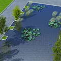 Tranquil Water Fountain With Water Lilies Surrounded By Square Planters Trees And Green Lawn