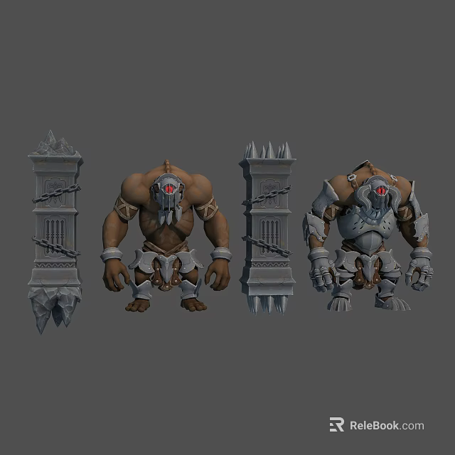 Detailed Stone Like Giant Characters With Red Eyes Muscular Bodies And Tower Structures 3d model 