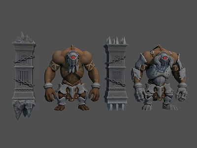 Detailed Stone Like Giant Characters With Red Eyes Muscular Bodies And Tower Structures 3d model