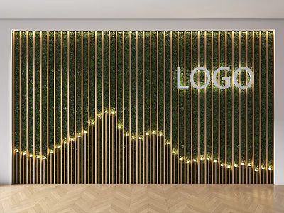 Modern Reception Background Wall with Golden Vertical Strips Green Background LOGO and Lighting Strip 3d model