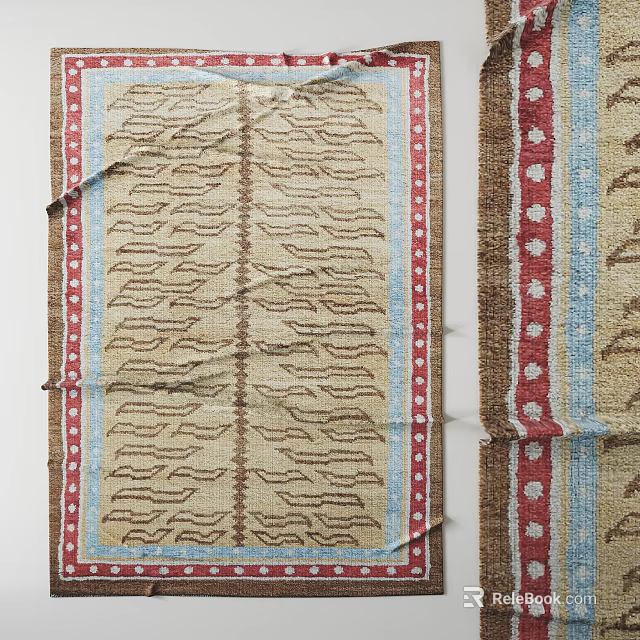Square Rug with Beige Background Wavy and Floral Patterns Blue Red Borders Design 3d model 