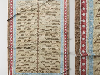 Square Rug with Beige Background Wavy and Floral Patterns Blue Red Borders Design 3d model