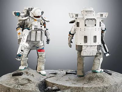 Men in Detailed White Spacesuits Standing on Cracked Rocky Moon Surface with Gear 3d model