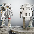 Men in Detailed White Spacesuits Standing on Cracked Rocky Moon Surface with Gear