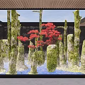 Natural Garden Landscape With Moss Covered Stone Pillars And Red Maple Tree