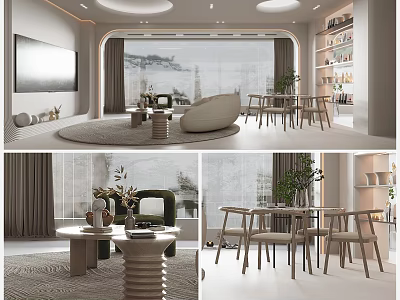 Modern Living And Dining Room Interior With Sofa Coffee Table Dining Set And Large Window 3d model