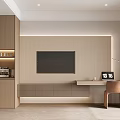 Modern Minimalist Bedroom Interior With Wooden Cabinets TV Wall And Desk Chair