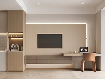 Modern Minimalist Bedroom Interior With Wooden Cabinets TV Wall And Desk Chair 3d model