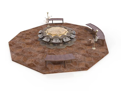 Circular Stone Platform With Surrounding Benches And Decorative Lamps On Textured Floor 3d model