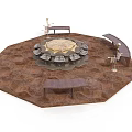Circular Stone Platform With Surrounding Benches And Decorative Lamps On Textured Floor