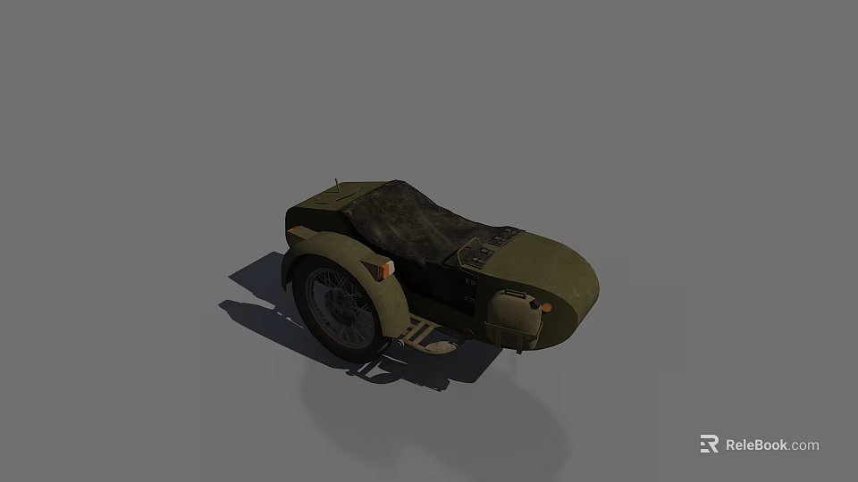 Military Green Sidecar Motorcycle With Black Seat And Wheel Details 3d model 