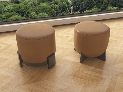 Brown Leather Shoe Stools On Wooden Floor With Window And Green Landscape 3d model