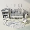 Warm Baby Nursery With White Crib Green Rug Yellow Framed Wall Art And Rocking Horse