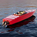 Red Open Top Yacht With White Stripes And Two People On Board Sailing On Water