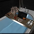 Luxurious Bathtub Interior With Wooden Tray Pink Flowers Candle Wine Glass And Towels