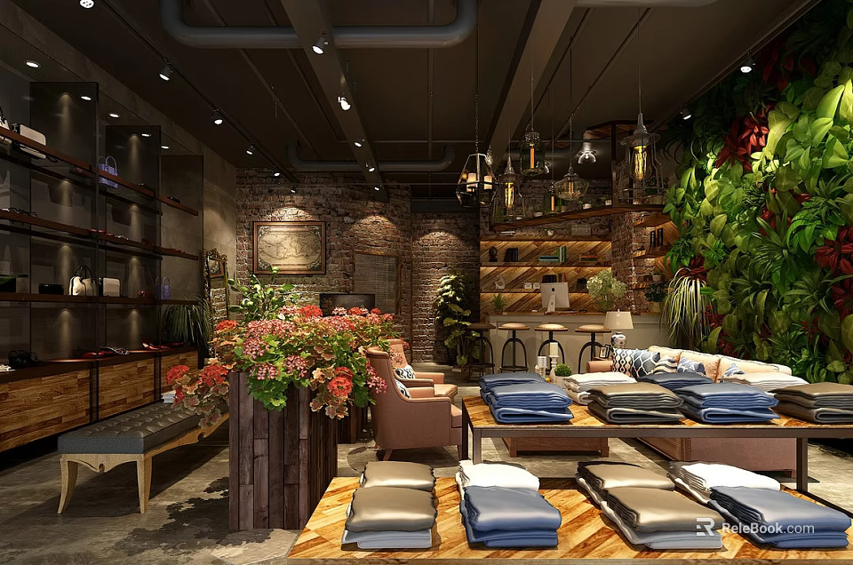 Cozy Restaurant Interior With Green Plant Wall Wooden Furniture And Hanging Lights 3d model 