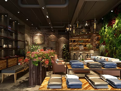Cozy Restaurant Interior With Green Plant Wall Wooden Furniture And Hanging Lights 3d model