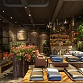 Cozy Restaurant Interior With Green Plant Wall Wooden Furniture And Hanging Lights