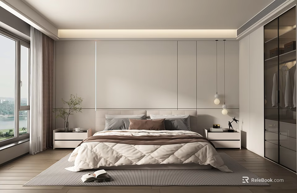 Modern Bedroom Interior Design With Cozy Bed Nightstands Pendant Lights And Area Rug 3d model 