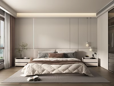 Modern Bedroom Interior Design With Cozy Bed Nightstands Pendant Lights And Area Rug 3d model