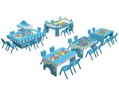 Blue Children's Play Table Set With Matching Chairs And Colorful Toys 3d model