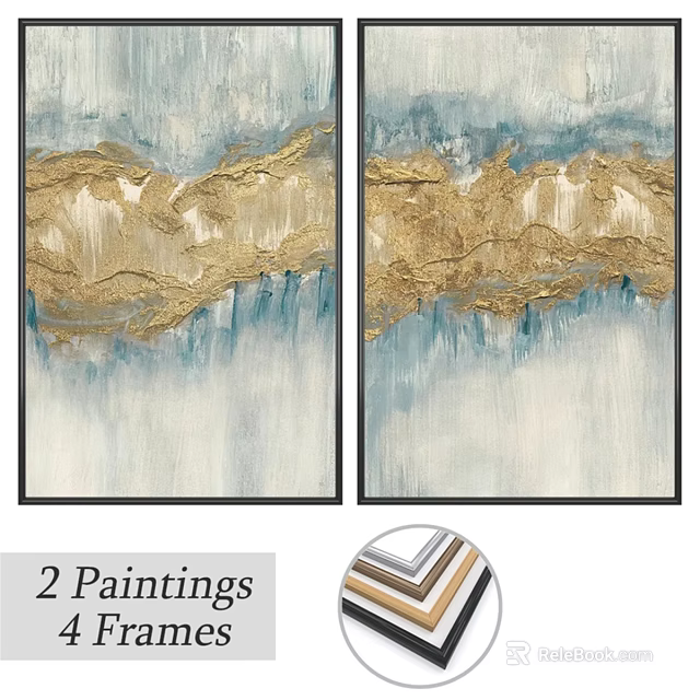 Two Abstract Framed Paintings With Gold Blue Patterns And Modern Frames 3d model 