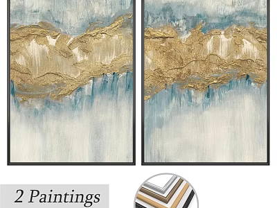 Two Abstract Framed Paintings With Gold Blue Patterns And Modern Frames 3d model