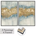 Two Abstract Framed Paintings With Gold Blue Patterns And Modern Frames
