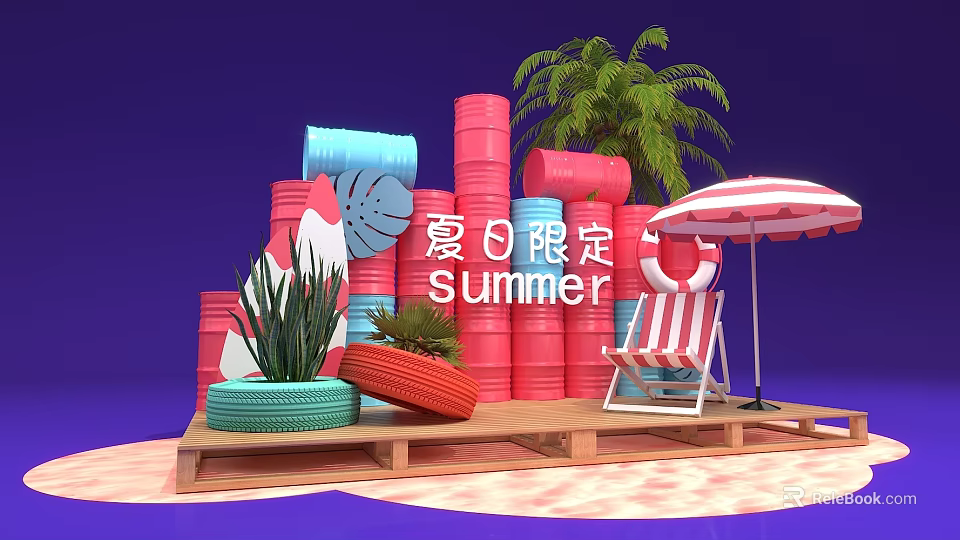 Summer Themed Decor Red Barrels Striped Umbrella Deck Chair Palm Tree On Wooden Platform 3d model 